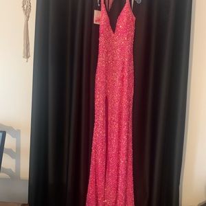Pink sequin high side slit, beaded detail on back of neck & crisscross back
